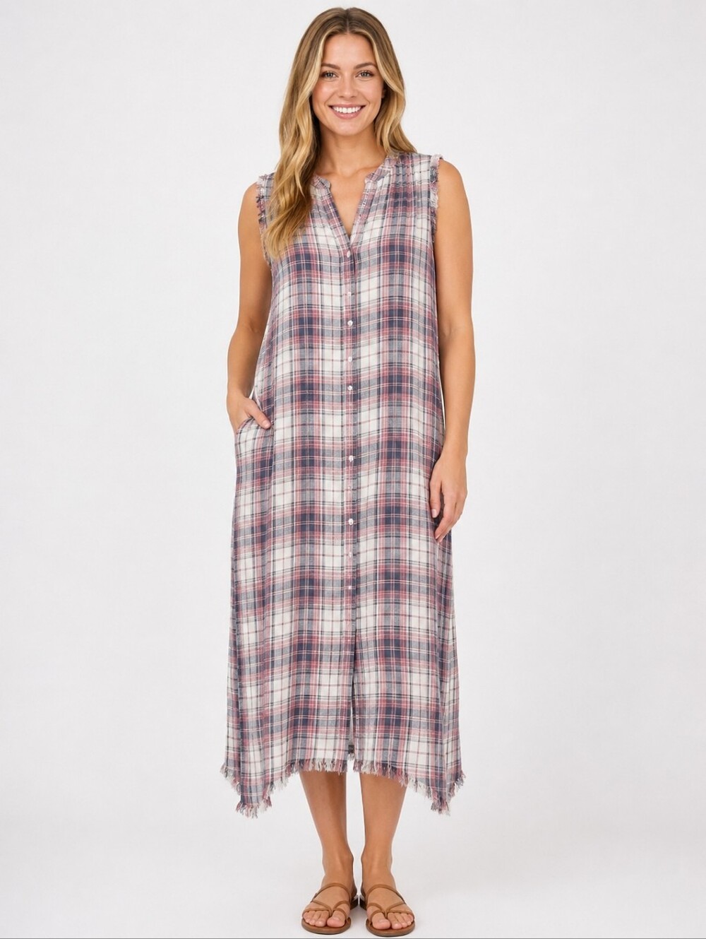 Cloth & Stone Plaid Midi Dress Womens M Sleeveless Button Front Frayed Hem
